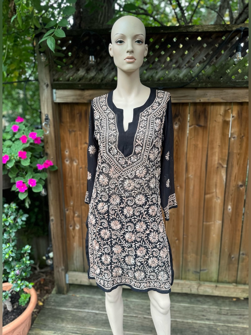 Hand Embroidered Flowers on Black Tulle Tunic Top